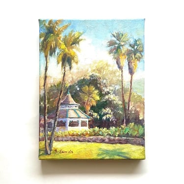 Vintage Moanlua Gardens Oil Painting by Barbara Sumida Hawaiian Artist Painter Hawaii Royal Kingdom Architecture 