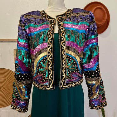 Vintage 80s Laurence Kazar Silk Sequined Rainbow Evening Jacket - Large 