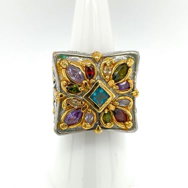Large Statement Multi Colored Crystals 10kGF Cocktail Ring Sz 8 Gold Silver Tone 