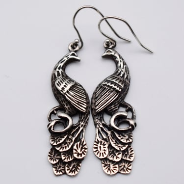 Bohemian 70's oxidized 925 silver peacock dangles, ornate sterling abstract bird earrings 