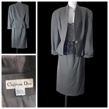 christian dior heather grey suit, vintage designer 80s/90s ladies straight skirt suit, single breasted jacket 