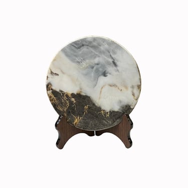 Chinese Natural Dream Stone Round White Fengshui Plaque Display ws2261E 