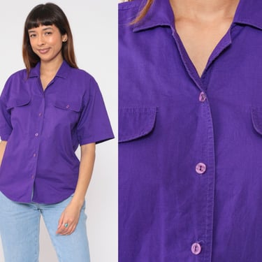Purple Blouse 90s Button Up Shirt Retro Plain Simple Short Sleeve Cotton Top Chest Pocket Preppy Basic Vintage 1990s Karen Scott Medium M 