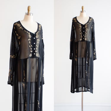 oversized sheer dress 90s vintage black embroidered boho maxi dress 