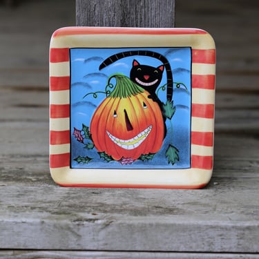 Vintage Smiling Pumpkin Cat Halloween Decorative Plate 