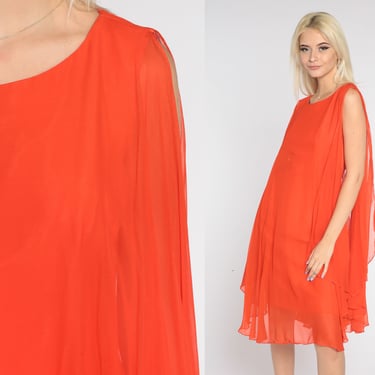 Orange Party Dress 60s Grecian Mini Dress Mod Flowy Capelet Sheer Panel Cocktail Dress Retro Formal Chic Glam Sixties Vintage 1960s Small S 