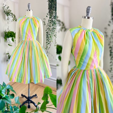 Vintage 1960s Sundress | 60s Pastel Rainbow Striped Fit and Flare Sleeveless Full Skirt Day Dress (x-small) 