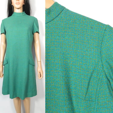 Vintage 60s Mod Teal Tweed Dress With Blue Satin Lining Size M 