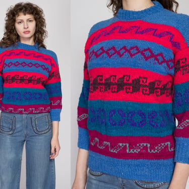 Petite Medium 70s Blue & Red Striped Lambswool Knit Sweater | Vintage Bolivian Wool Mockneck Pullover Jumper 