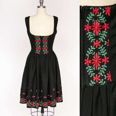 1960s  Dirndl Dress Austrian Cotton Embroidered Floral Octoberfest M 