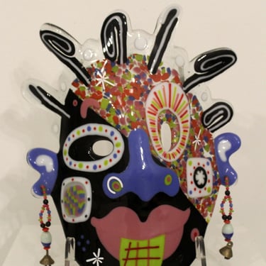 Contemporary African Mask Painted & Fused Glass w Bead Designs by Ruth Brockman 