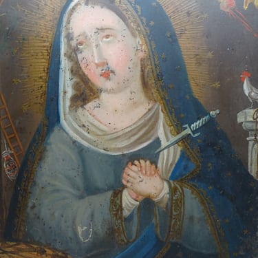 Antique 1800's Mexican Retablo Painting, Mater Doloroso,  Our Lady of Sorrows, Virgin Mary, Madonna, Vintage Religious Folk Art 