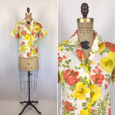 Vintage 50s blouse | Vintage orange floral cotton button up top | 1950s Judy Bond blouse 