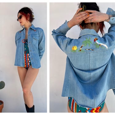 1970s Denim Embroidered Jacket / Light Wash Jean Jacket / Sunshine Embroidered Parrot Bird Palm Tree Coconut Island Theme 