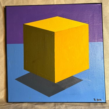 Yellow Blue and Purple “Floating Cube” Pop Art 12 x 12 Acrylic Painting on canvas by NYC artist Robert Box 