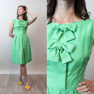 1960s OLEG CASSINI green silk BOW dress xs | new spring 