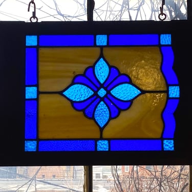 Blue and White Floral Center Stained Glass Door