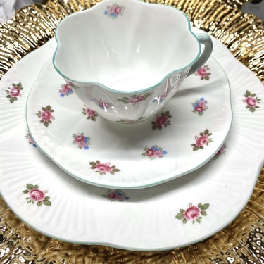 Antique Shelley~ English Trio Tea Cup Set- Tea Cup, Saucer, Plate in Porcelain Hand Painted Pink Floral~ made in England - light blue trim 