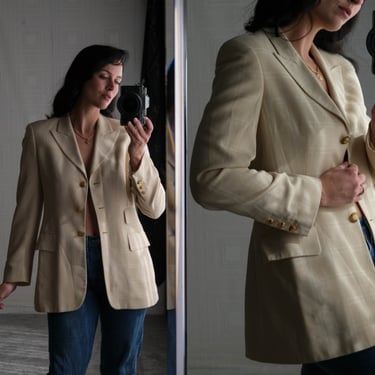 Vintage 90s ESCADA Light Tan Shadow Plaid Silk Blend Blazer w/ Marbled Gold Logo Buttons | Made in Germany | 1990s ESCADA Designer Jacket 