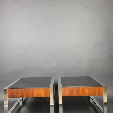 MCM Chrome &amp; Wood Glass Top End Tables