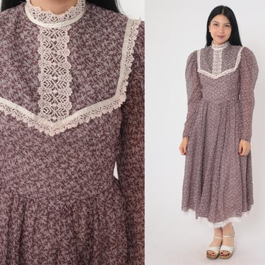 70s Gunne Sax Dress Prairie Midi Dress Brown Floral Calico Lace Bib Boho 1970s High Waist Vintage Long Puff Sleeve Bohemian Extra Small xs 