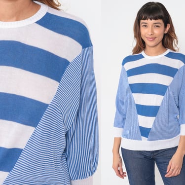 Striped Dolman Sweater 80s Blue White Knit Pullover Sweater Top 3/4 Batwing Sleeve Sleeve Slouchy Retro Streetwear Vintage 1980s Medium M 