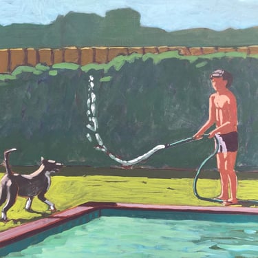 Pool #93 - Original Acrylic Painting on Canvas 20 x 16, boy, swimming, outside, summer, michael van, child, dog, hose, water, backyard, lawn 