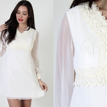 60s White Chiffon Mini Dress, Plain Sheer Sleeve Full Skirt Short Gown, Timeless Style Mod Cocktail Party Frock 