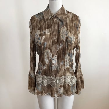 Printed Button Down Plisse Top with Bell Sleeves - Late 1990s/Early 2000s 