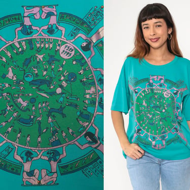 Ancient Egyptian Astrology Shirt 90s Dendera Zodiac Tee Studded Turquoise Mythology Graphic Tshirt 1990s Vintage T Shirt OS Large xl 