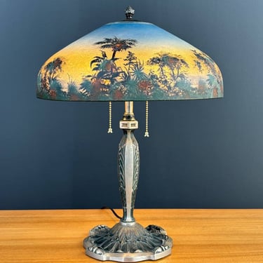 Arts & Crafts Pittsburgh Reverse Painted Farmhouse Table Lamp, c.1930’s 
