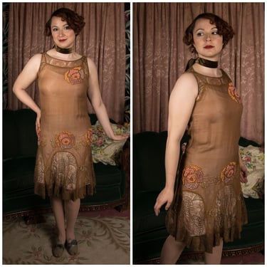 1920s Dress - Decadent Authentic Antique 20s Sheer Brown Silk Dress with Delicate Lace and Handtied Flowers 