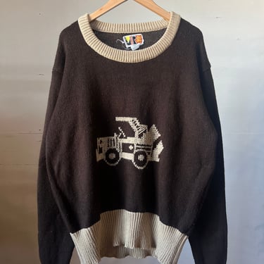 L XL, 1970s Brown Picture Knit Two Tone Sweater, Pullover, Vintage - S2 