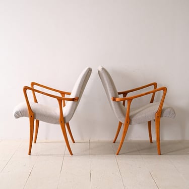 Pair of Vintage Scandinavian Wood and Light Fabric Armchairs 