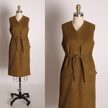 1960s Brown Sleeveless Suede Belted and Pocketed Contrast Stitching Mini Dress -S 