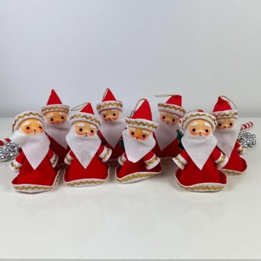 Vintage Santa Christmas Ornament set of 8, Original Box, 1960 1970 Felt Pipe Cleaner Santa, Paper Mache Japan Retro Kitsch Montgomery Ward 