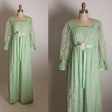 Late 1960s Green, Blue and Pink Velvet Flocked Floral Sheer 3/4 Length Sleeve Full Length Flower Power Empire Waist Dress -M 