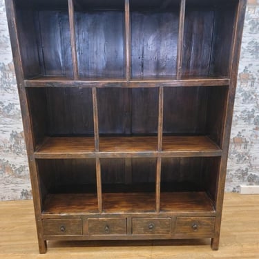Antique Shanxi Province Elmwood Open Shelf Display Bookcase With Original Brown Lacquer