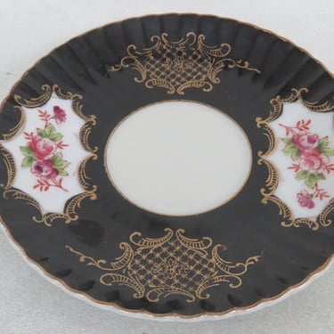 Porcelain Black and Gold Pink Floral Scalloped Design Small Plate Saucer 3692B