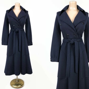 VINTAGE 60s 70s Navy Blue Virgin Wool Princess Trench Coat by Kimberly | 1960s 1970s Spy Girl Overcoat | VFG 