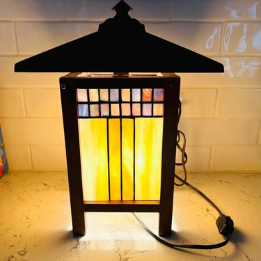 Vintage Frank Lloyd Wright Style Stained Glass Table Lamp by LeChalet