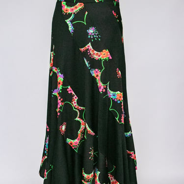 1970s Maxi Skirt Dark Floral Panel S / M 