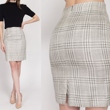 XS 90s Grey Plaid Woven Mini Pencil Skirt 24" | Vintage High Waisted Fitted Skirt 