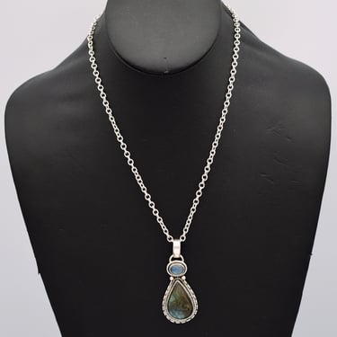 Big 70's labradorite sterling mystic hippie pendant, tribal 925 silver blue green stone necklace 