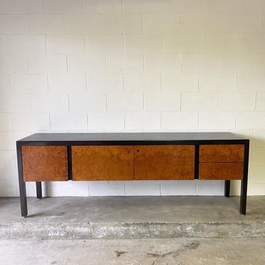 Midcentury Modern olive burl, leather top and mahogany frame credenza sideboard 