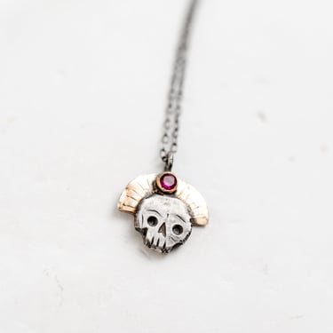 10k Gold, Oxidized Sterling Silver and Ruby Skull Necklace