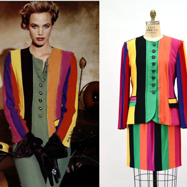 Vintage 90s Moschino Couture Striped Rainbow Suit Jacket Skirt 1991 Spring Summer Moschino Jacket Red Blue Green Yellow Made in Italy Medium 