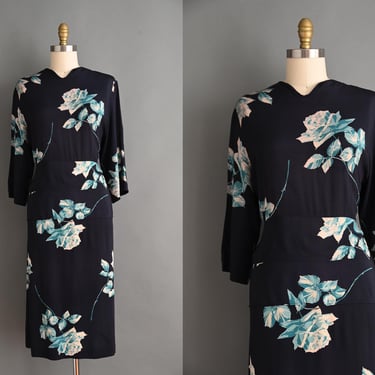 vintage 1940s Dress | Bold Rose Floral Print Rayon Dress | XL Plus Size 