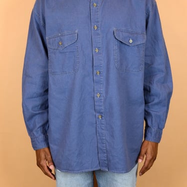 Vintage Blue Linen Long Sleeve Button Down Band Collar Shirt Unisex XL XXL Oversize 