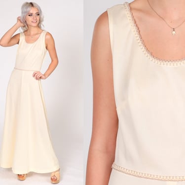 Long Cream Dress 70s Maxi Party Dress Simple Grecian Gown Sleeveless High Waisted Minimalist Chic Cocktail Evening Vintage 1970s Small S 